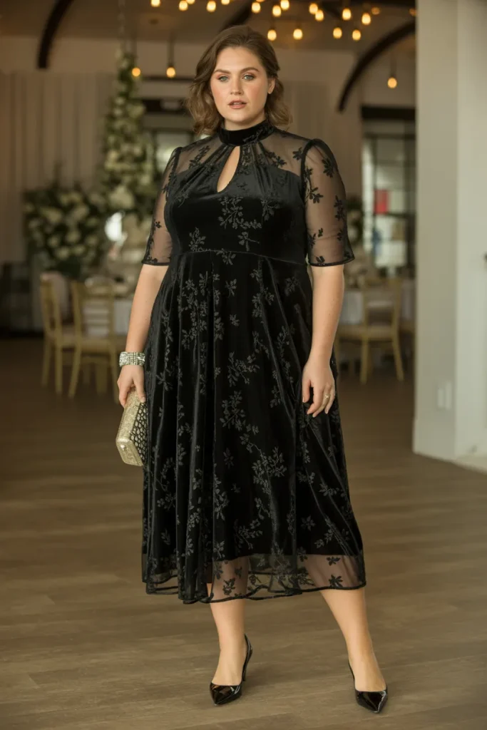 Mock Neck Burnout Velvet Black Wedding Guest Dress