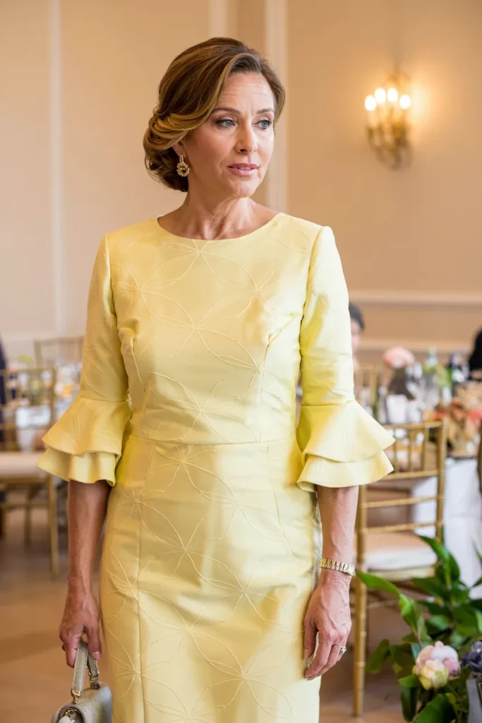 Mod Yellow Jacquard Shift Dress with Ruffle Sleeves Mother of the Bride Dress