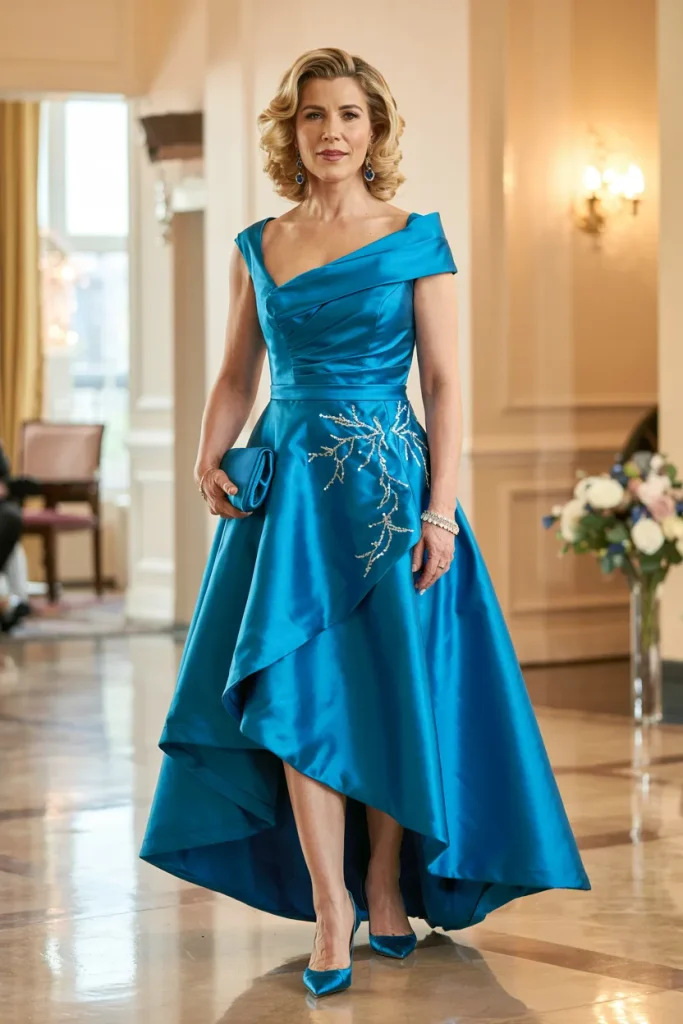 Modern Asymmetric Bright Blue Satin Tea Length Mother of the Bride Dress