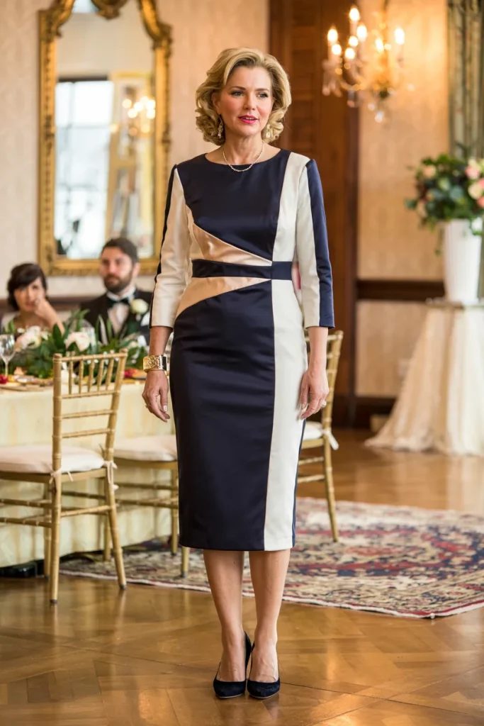 Modern Color Block Navy Ivory and Gold Sheath Mother of the Bride Dress