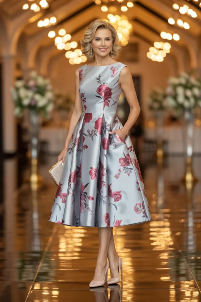 Modern Floral Print Mikado A Line Dress