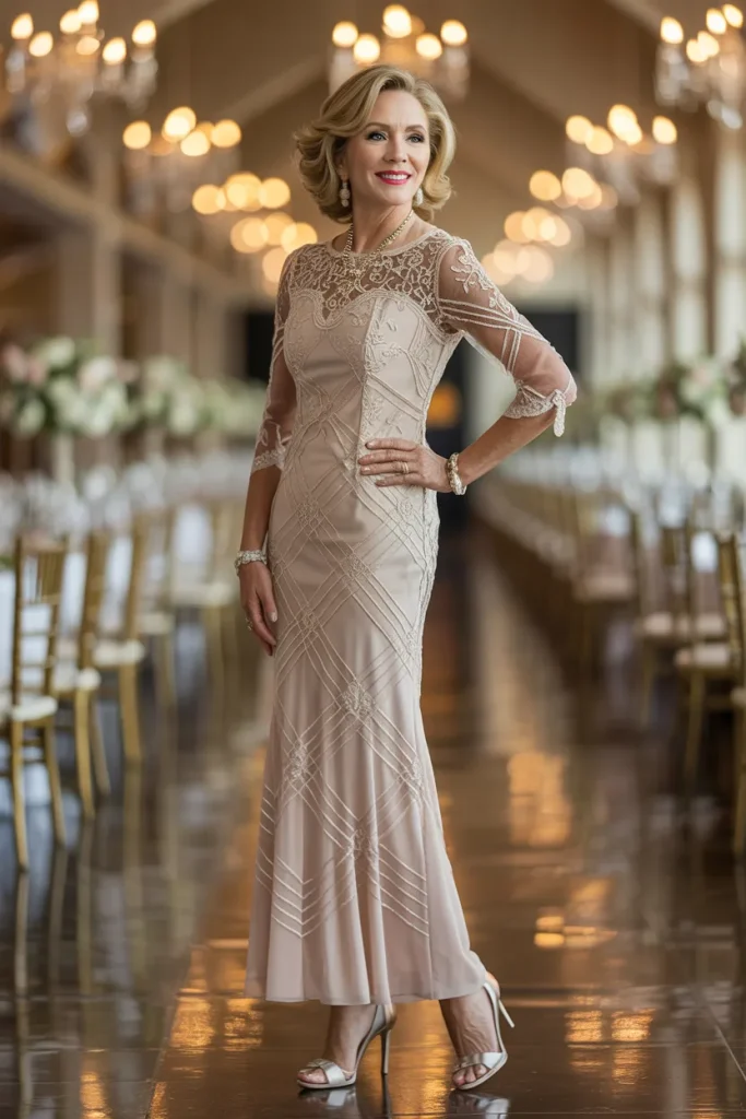 Modern Geometric Lace Sheath with Champagne Underlay