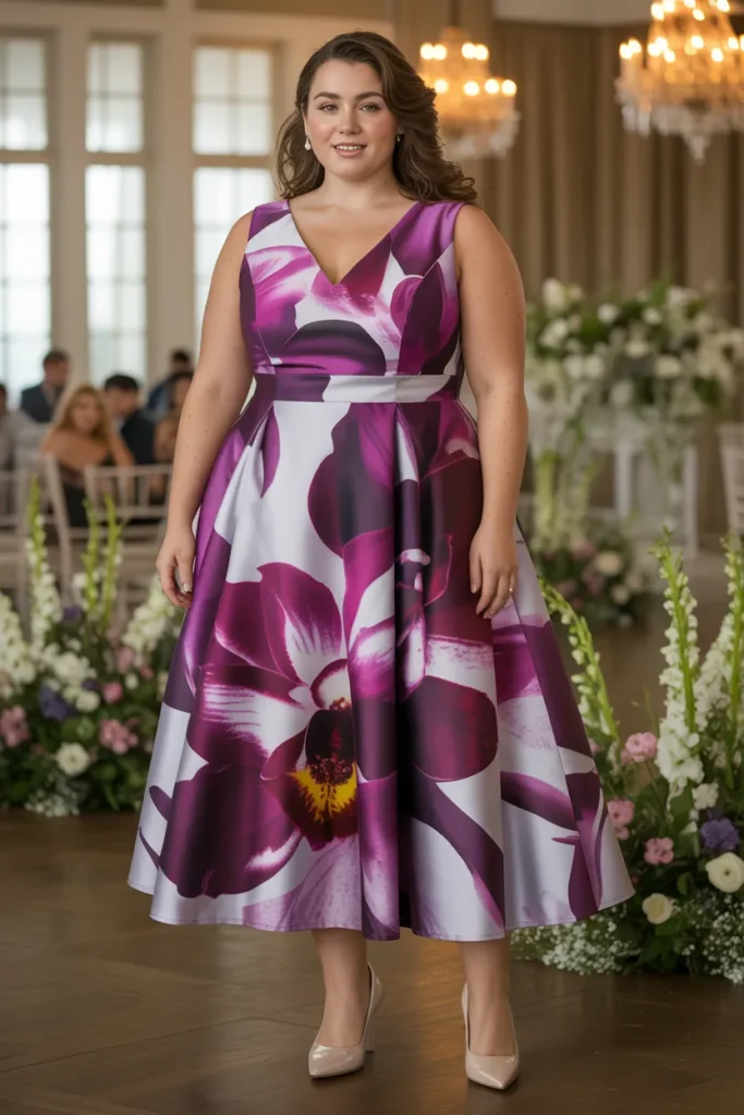 Modern Orchid Digital Print Plus Size Floral Wedding Guest Dress