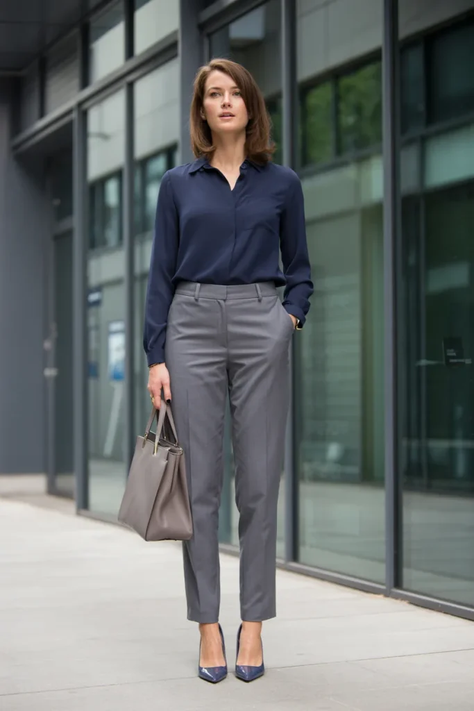 Navy Blouse with Grey Tailored Pants – Minimalist Corporate Outfit