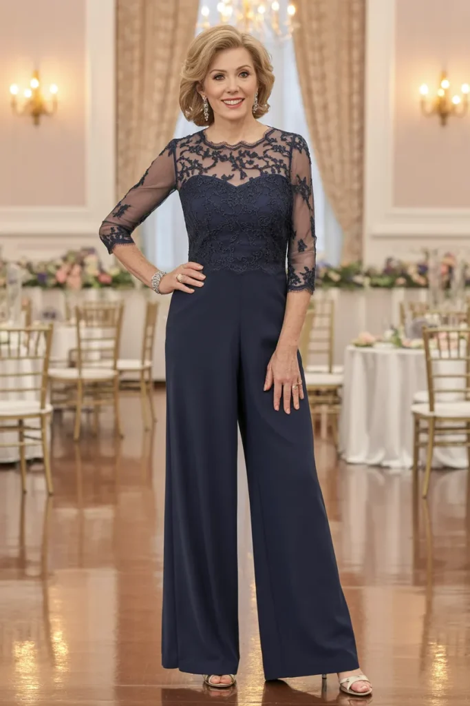 Navy Crepe Jumpsuit with Lace Bodice
