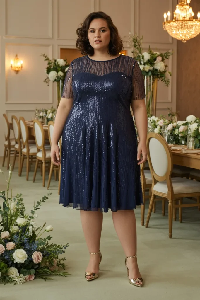 Navy Sequin Ombre Plus Size Wedding Guest Cocktail Dress