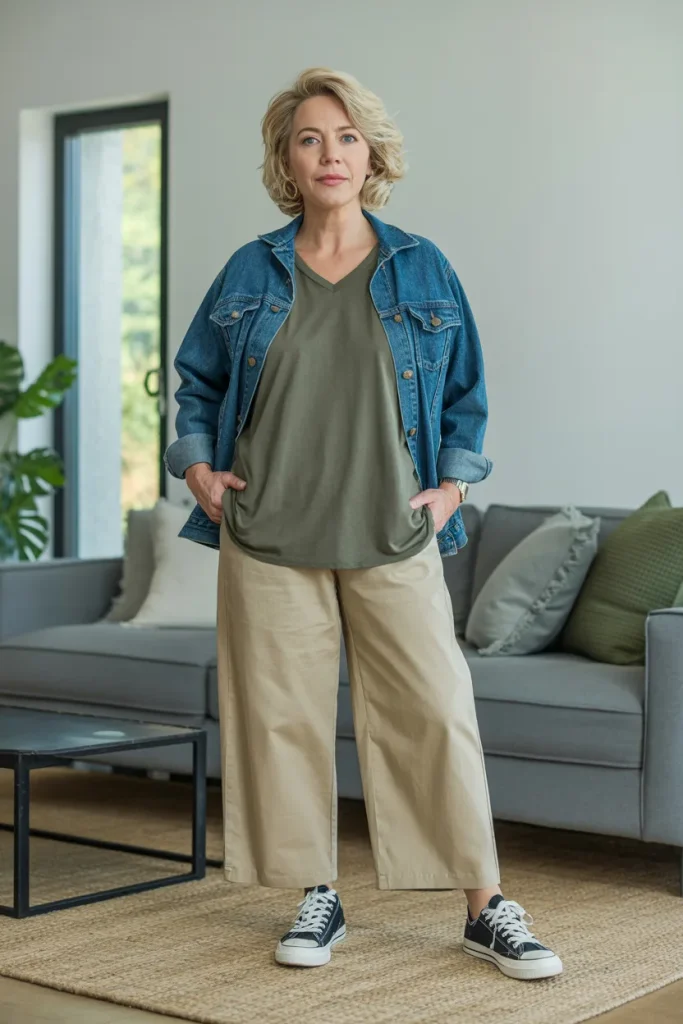 Neck Loose T Shirt with Khaki Pant Over Denim Jacket and Sneaker