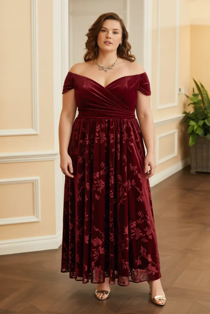 Off Shoulder Velvet Empire Waist Plus Size Formal Wedding Guest Dress