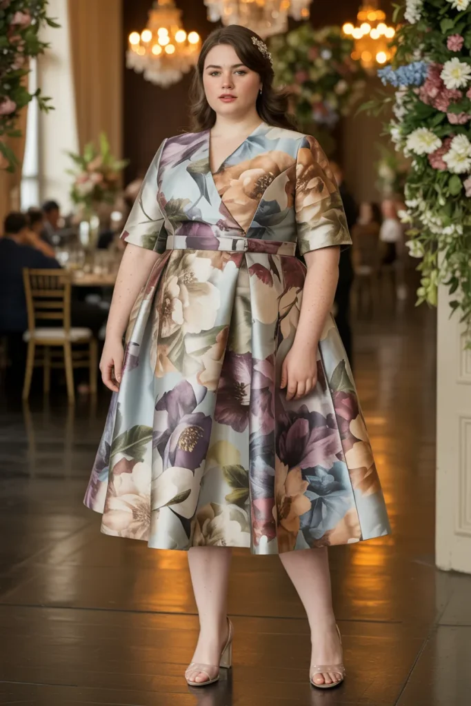 Oil Painting Floral Jacquard Plus Size Wedding Guest Dress