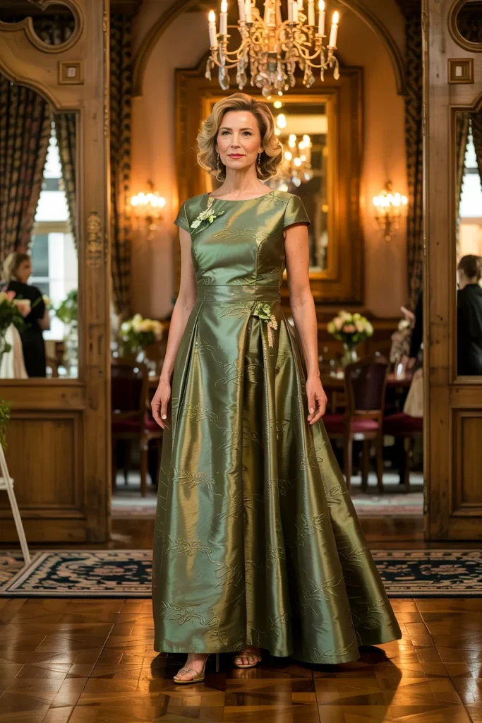 Olive Metallic Jacquard Mother of the Bride Dress