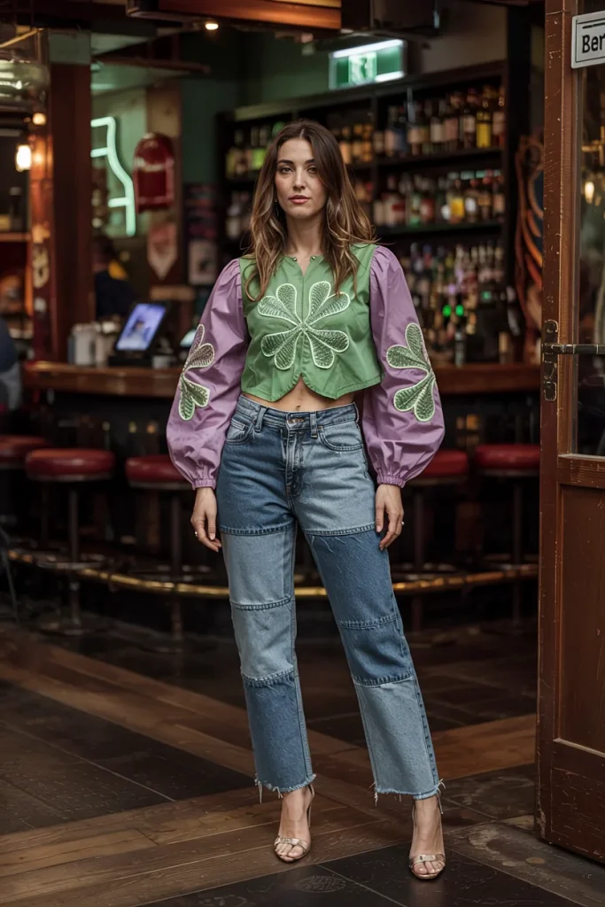 Ombre Clover Crop Top and Patched Straight Leg Jeans