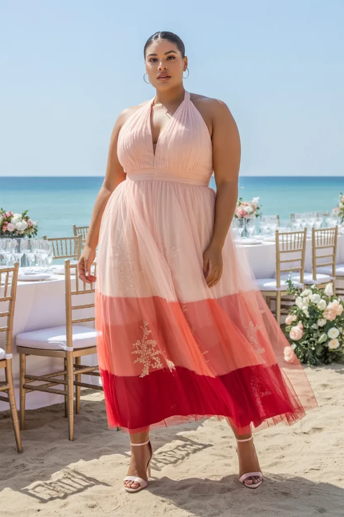 Ombre Tulle Halter Neck Plus Size Beach Wedding Guest Dress