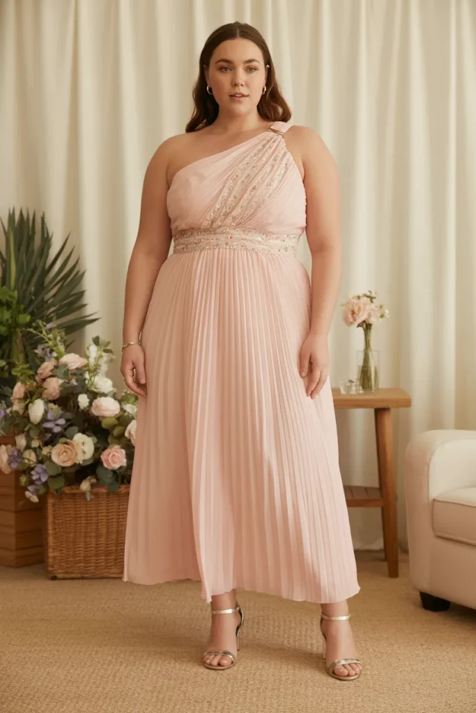 One Shoulder Pleated Chiffon Plus Size Beach Wedding Guest Dress