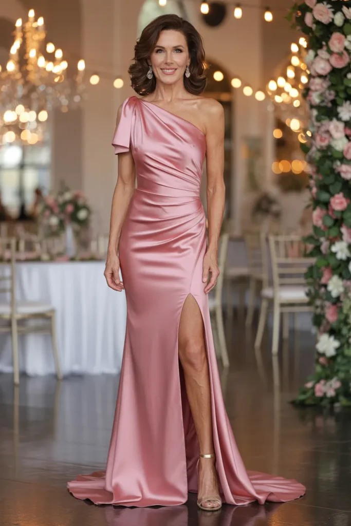 One-Shoulder Side-Slit Stretch Satin Maxi Dress