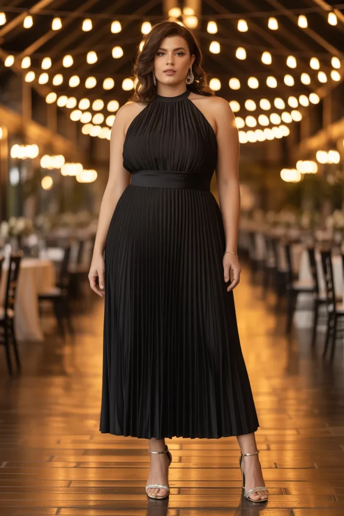 Origami Pleated Halter Black Elegant Wedding Guest Dress