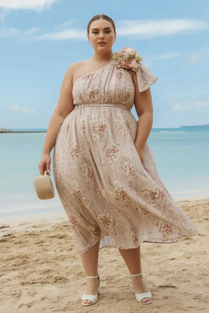 Oversized Floral One Shoulder Plus Size Beach Wedding Guest Dress