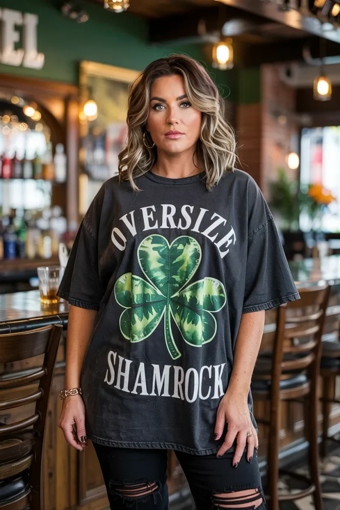Oversized Shamrock Graphic Tee With Distressed Black Jeans