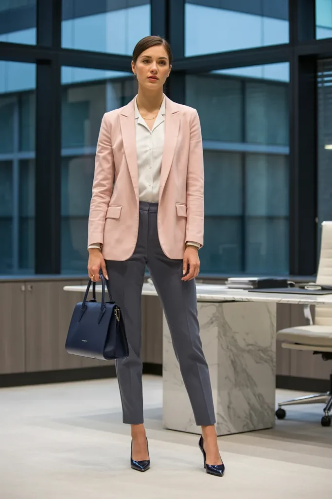 Pastel Blazer with White Shirt Skinny Pants – Meeting Ready