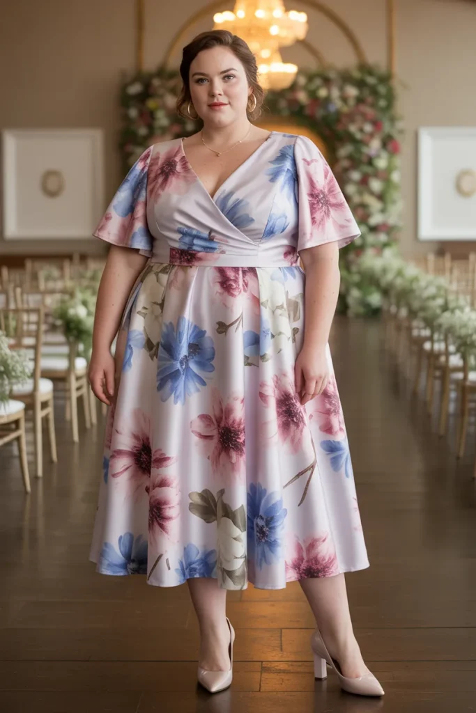 Pastel Wildflower Print Plus Size Wedding Guest Dress