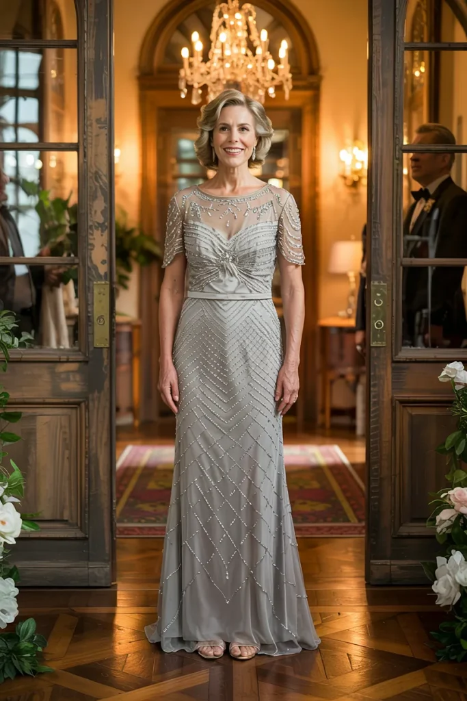 Pearl Grey Beaded Mesh Mother of the Bride Dress