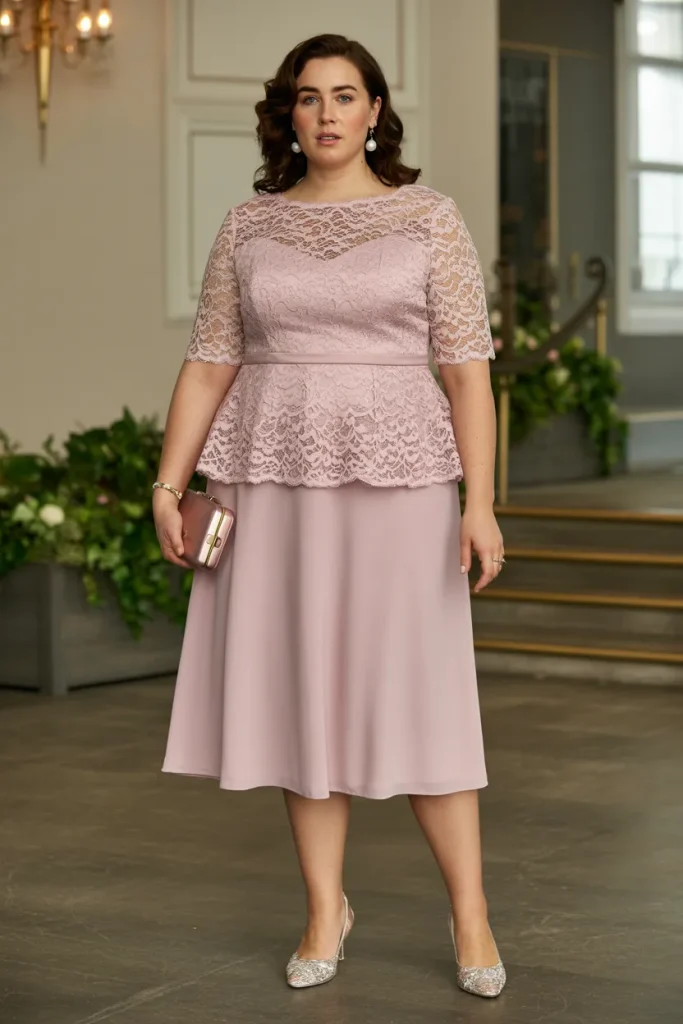 Peplum Lace Overlay Plus Size Formal Wedding Guest Dress