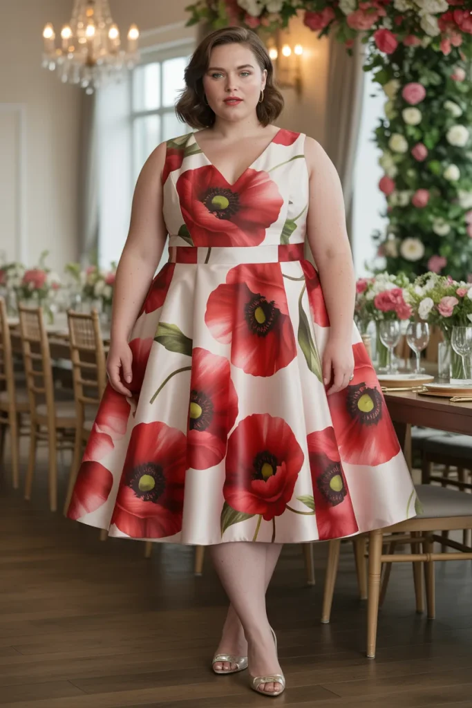 Photorealistic Poppy Print Plus Size Wedding Guest Dress