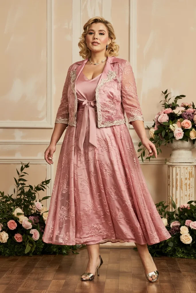 Pink Chiffon Lace Tea Length Dress With Jacket