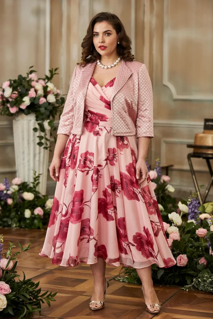 Pink Floral Print Chiffon Tea Length Dress With Jacket