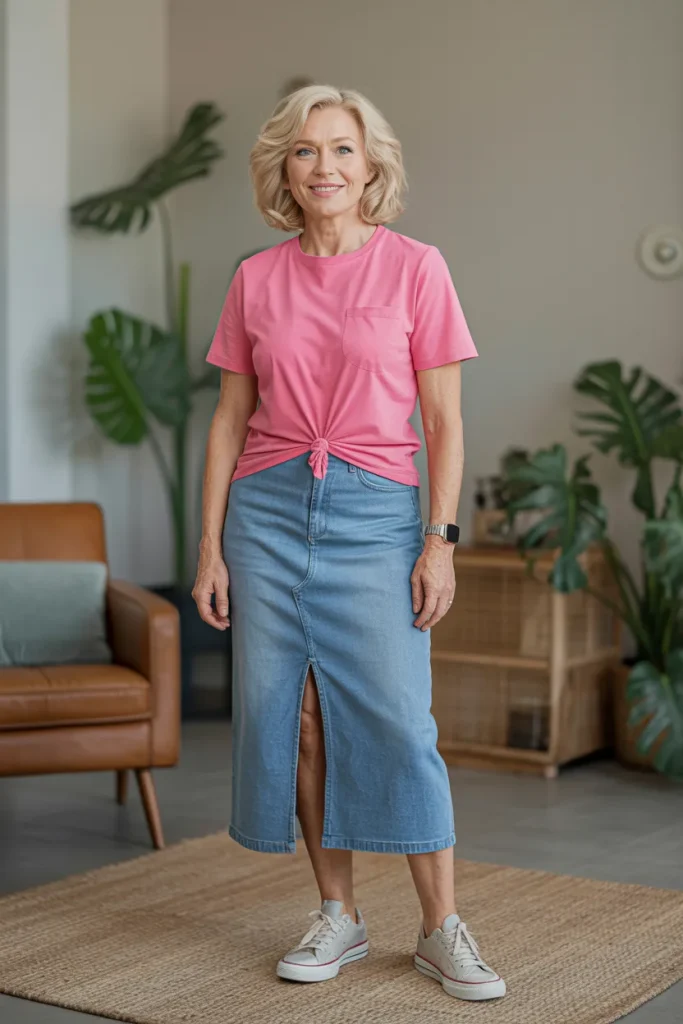 Pink T Shirt with Denim Front Slit Skirt and Sneaker