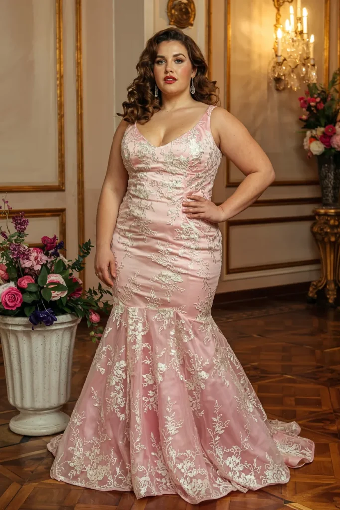 Pink and White Floral Lace Mermaid Gown