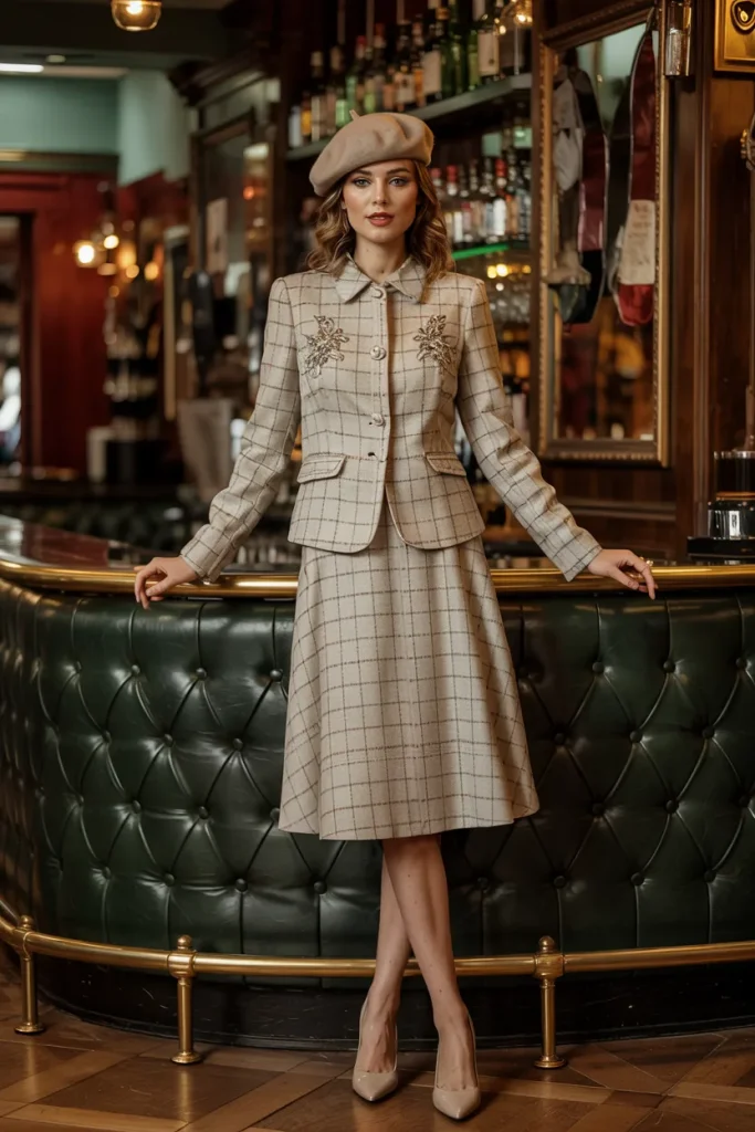 Plaid Tweed Skirt Suit and Beret