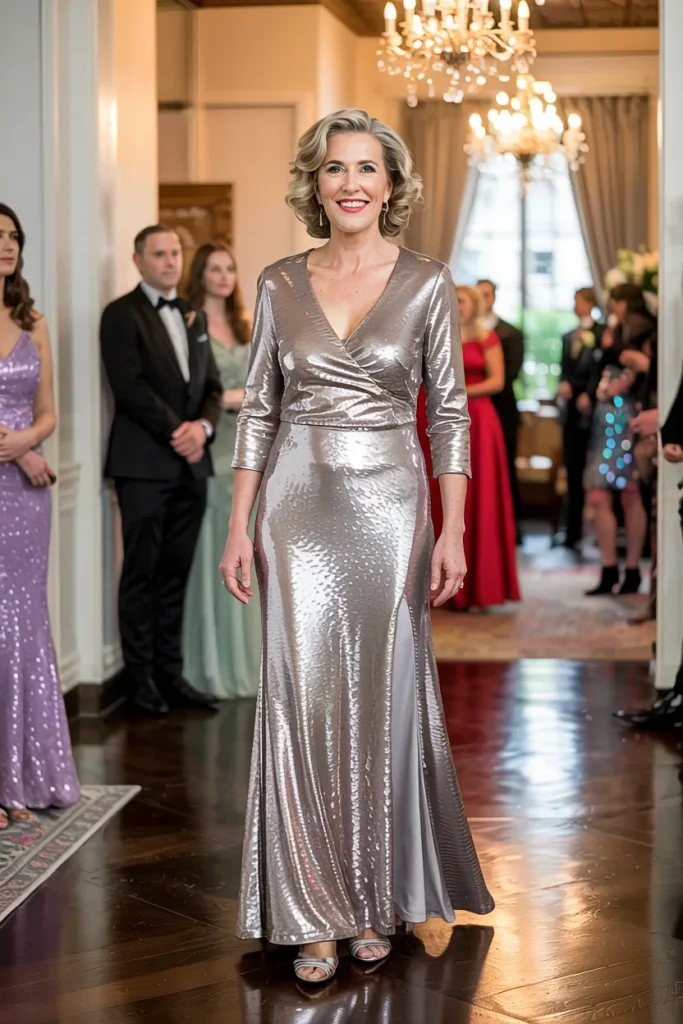 Platinum Liquid Sequin Mother of the Bride Dress