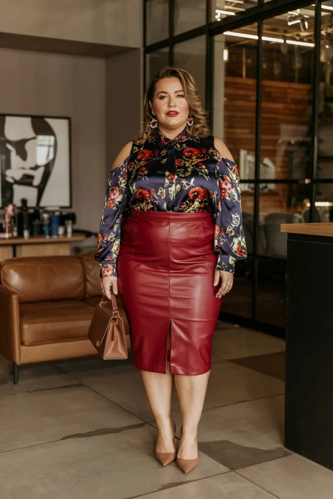 Pleather Pencil Skirt with Cold Shoulder Blouse Birthday Outfit