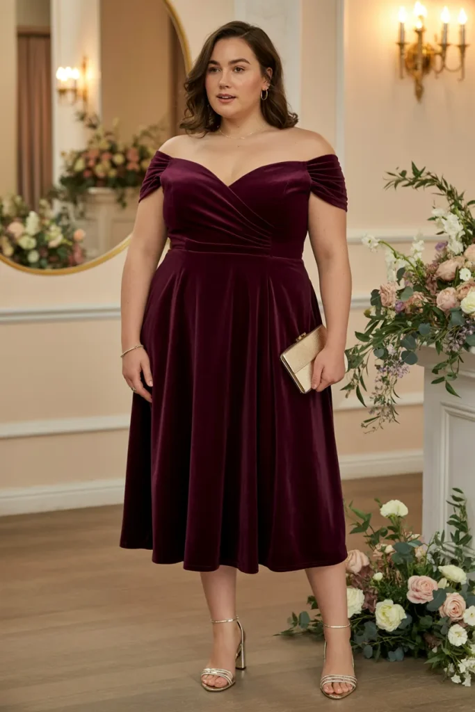 Plum Velvet Off Shoulder Midi Plus Size Wedding Guest Cocktail Dress