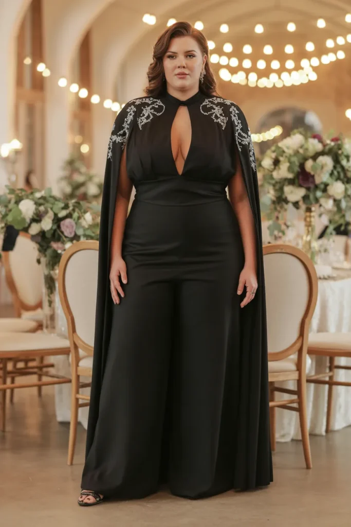 Plunge Neck Cape Detail Black Elegant Wedding Guest Dress