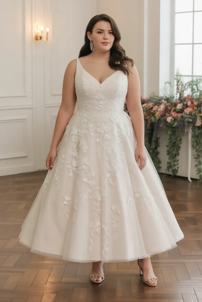 Plus Size A Line 3D Floral Applique Tea Length Wedding Dress