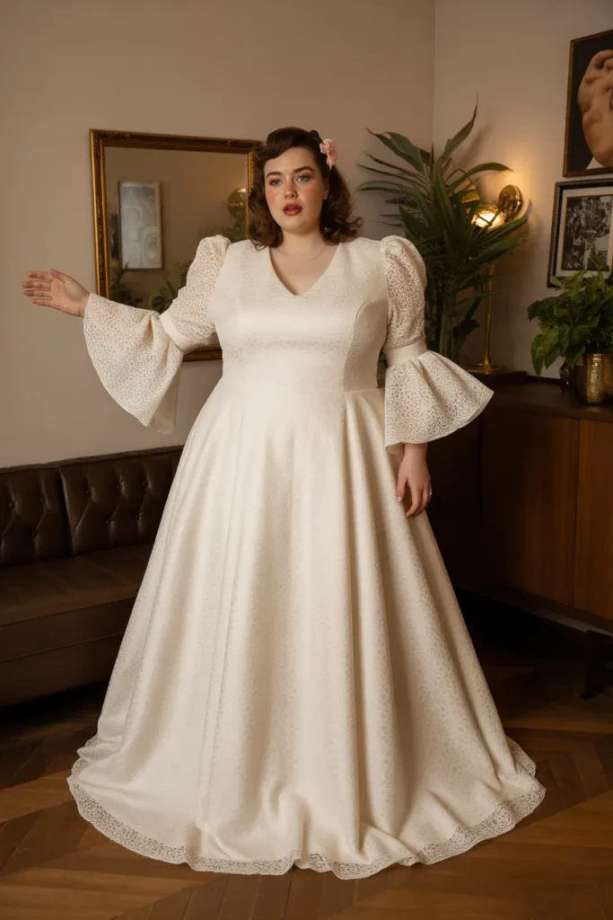 Plus Size A Line Bell Sleeve Seventies Wedding Dress