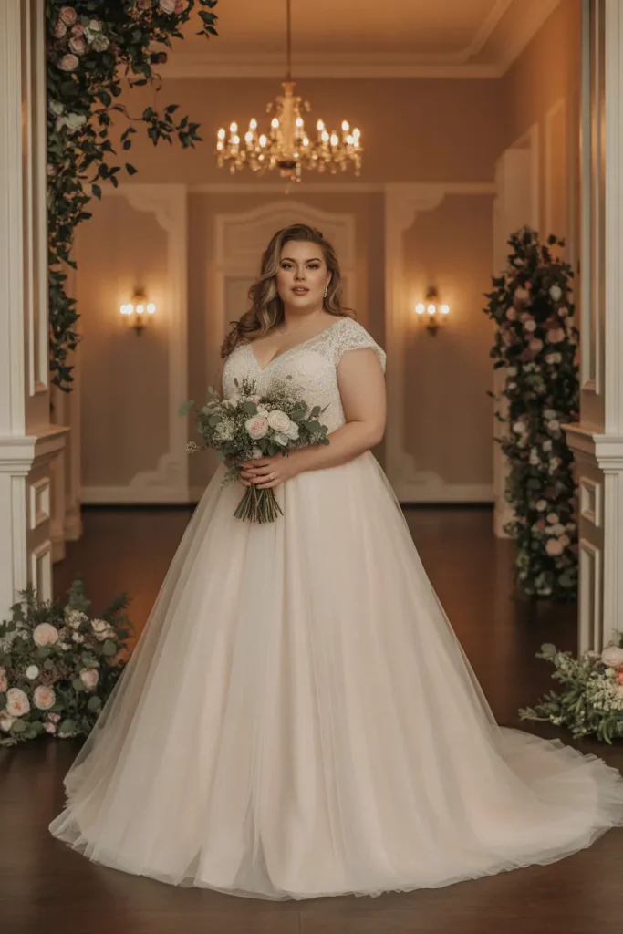 Plus Size A Line Cap Sleeve Layered Tulle Wedding Dress