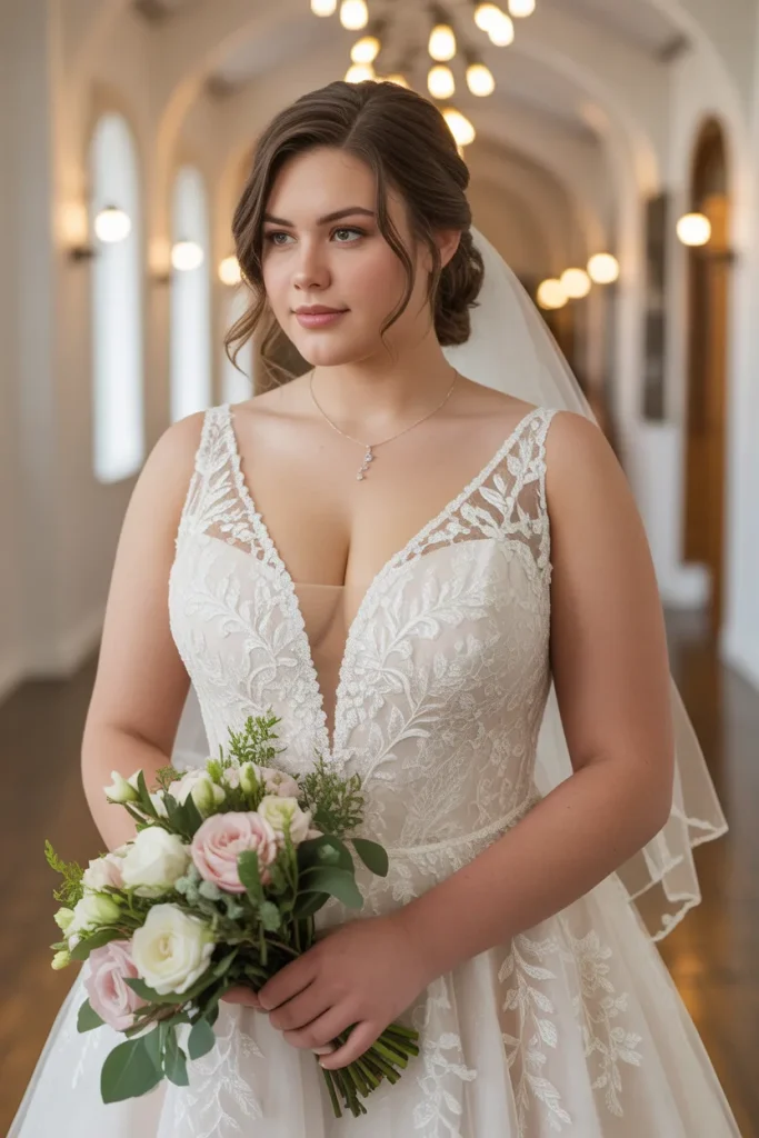 Plus Size A Line Deep V Neck Lace Applique Wedding Dress