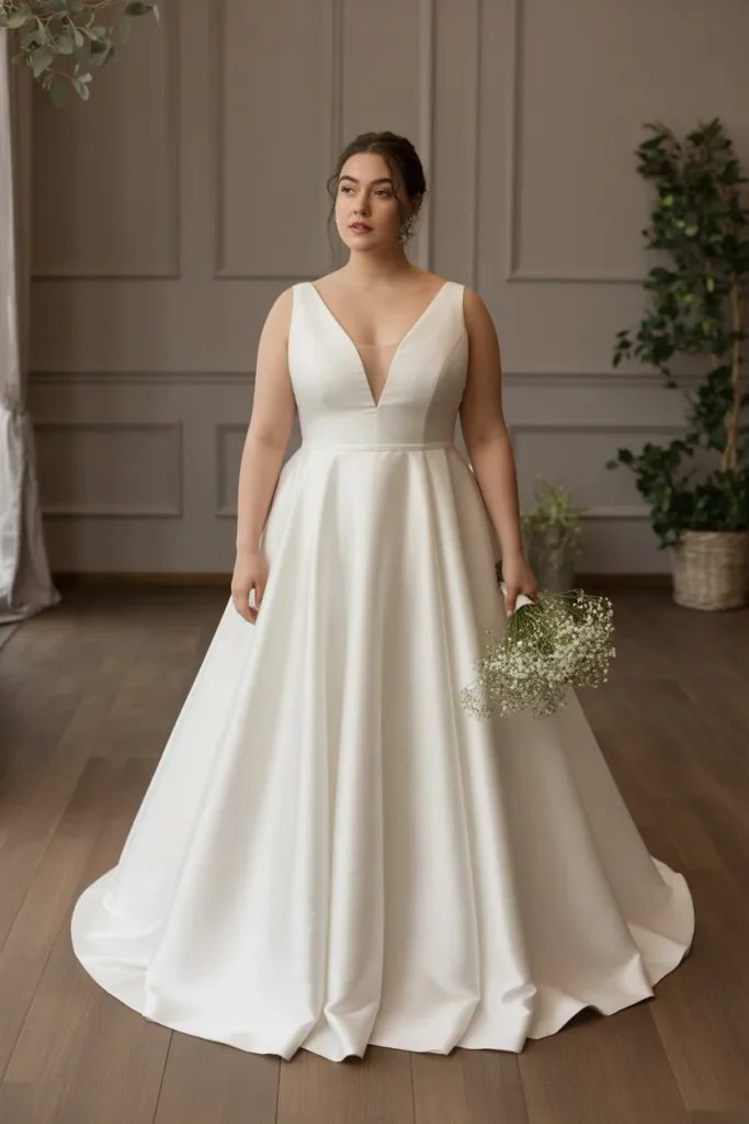 Plus Size A Line Deep V Neck Minimalist Wedding Dress