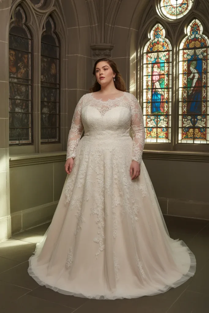 Plus Size A Line Illusion Neckline Long Sleeve Wedding Dress