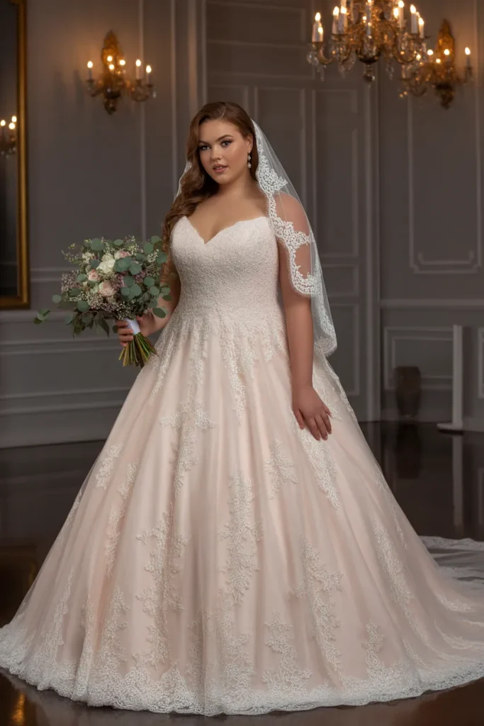 Plus Size A Line Lace Embellished Wedding Dress