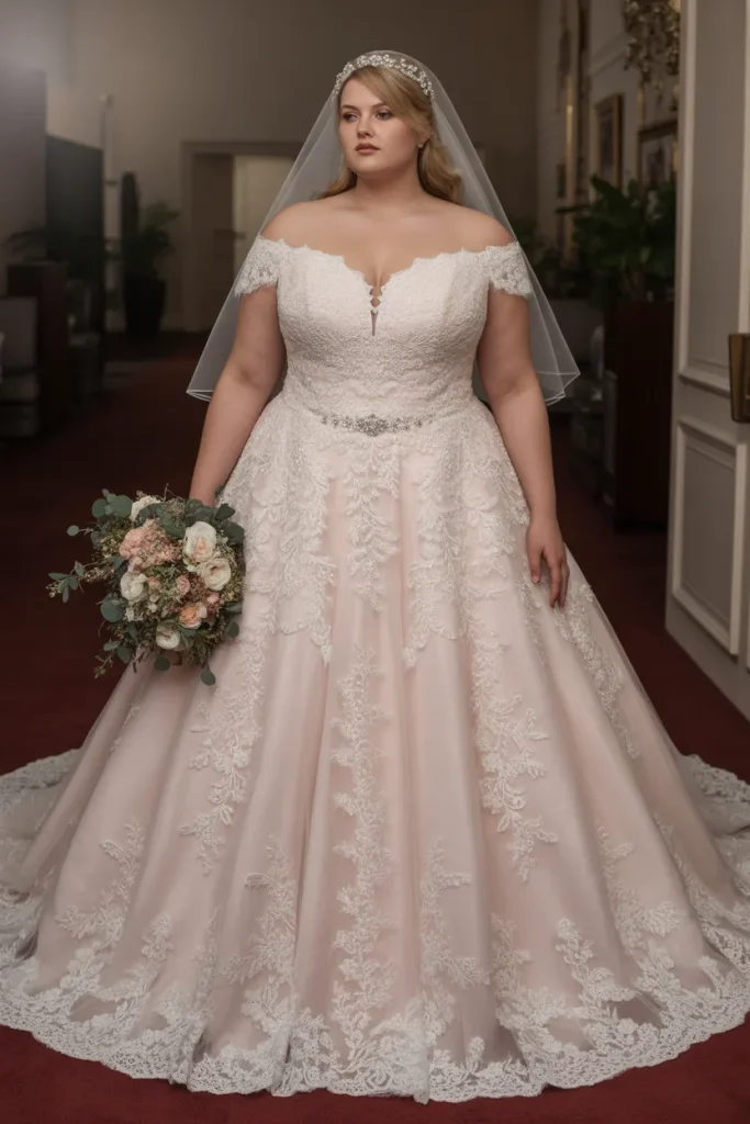 Plus Size A Line Off Shoulder Lace Applique Wedding Dress