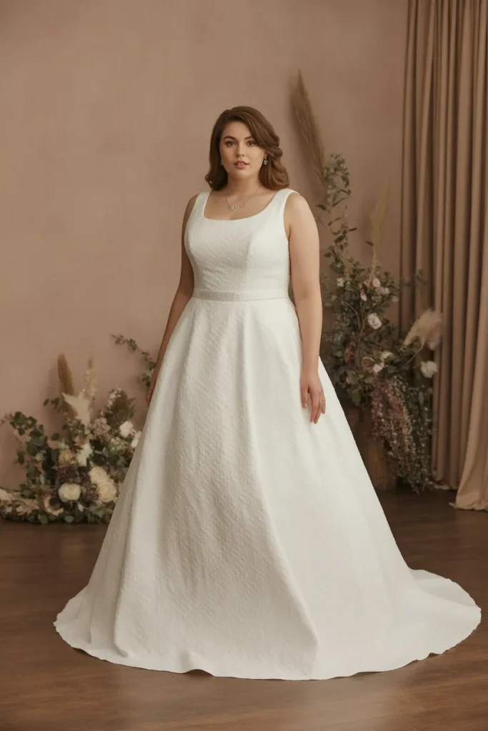 Plus Size A Line Scoop Neck Textured Fabric Wedding Dress