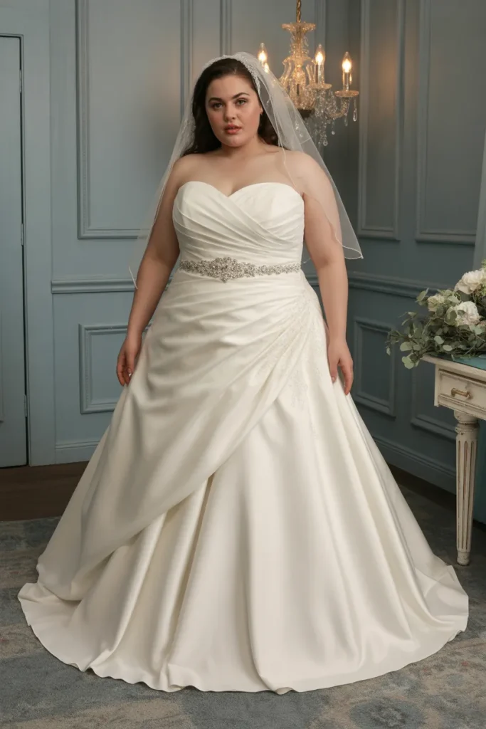Plus Size A Line Strapless Ruched Bodice Wedding Dress