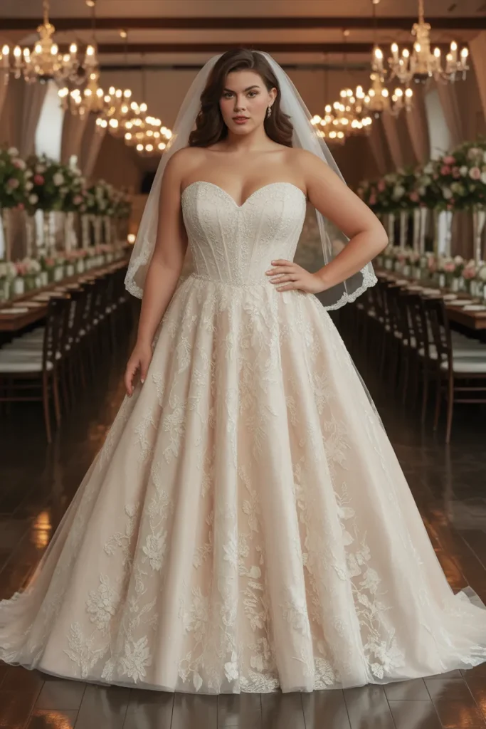 Plus Size A Line Strapless Sweetheart Floral Applique Wedding Dress