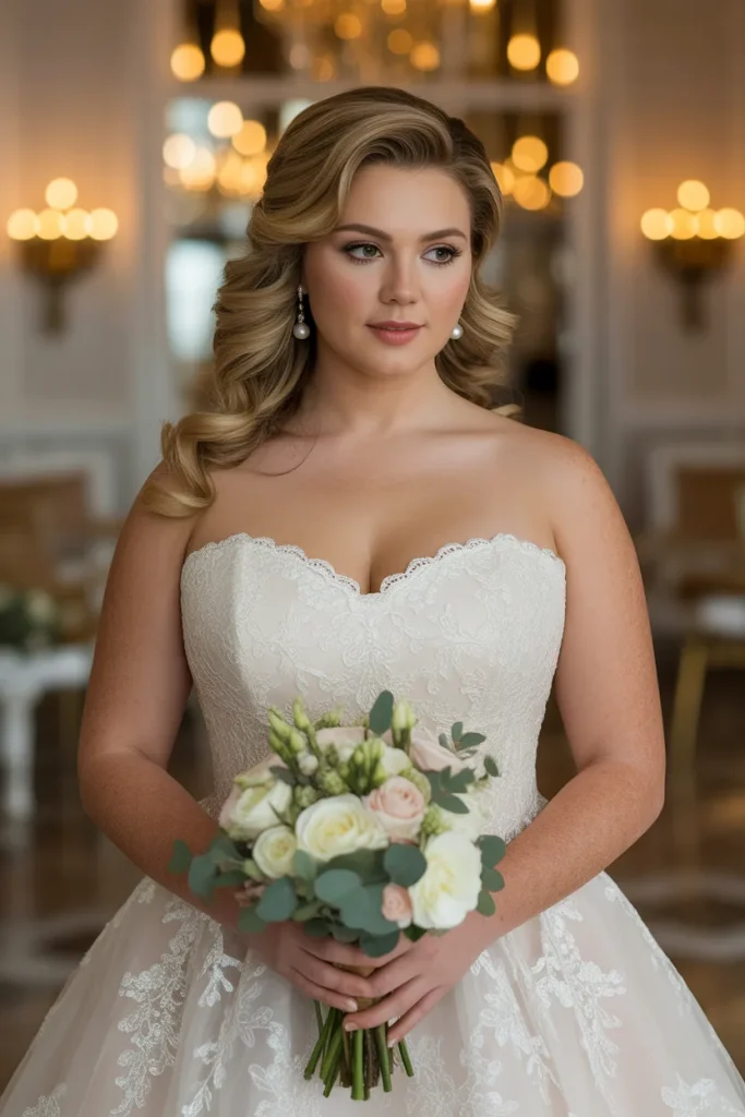Plus Size A Line Strapless Sweetheart Lace Wedding Dress