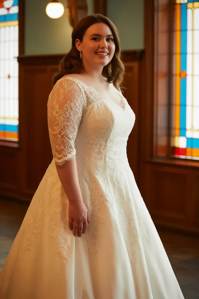 Plus Size A Line Three Quarter Sleeve Vintage Wedding Dress