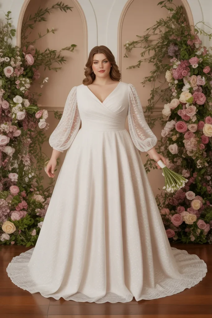 Plus Size A Line V Neck Bishop Sleeve Wedding Dress