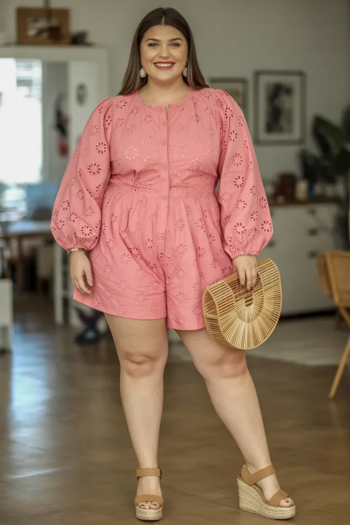 Plus Size Aesthetic Balloon Sleeve Eyelet Romper Summer Outfit